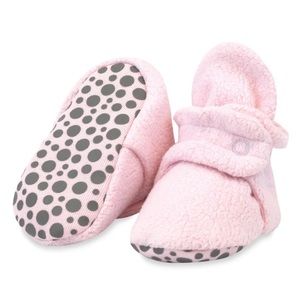 2 Pairs of Zutano Booties. Cotton Grey Stripe & Pink Fleece. 12 mo